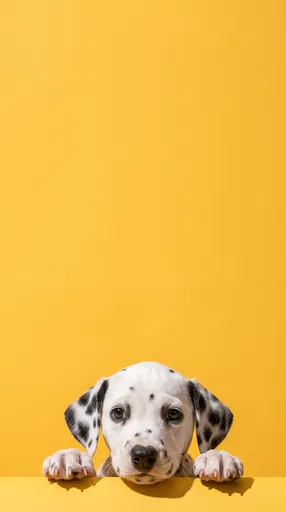 Dalmatian Puppy Peeking Over Yellow Ledge
