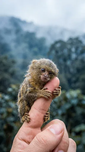 Tiny Pygmy Marmoset Clinging to Finger