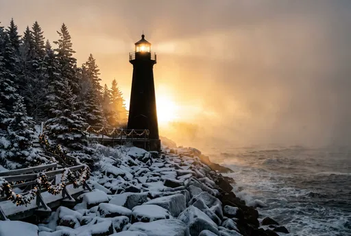 Silhouetted Winter Lighthouse at Golden Sunrise