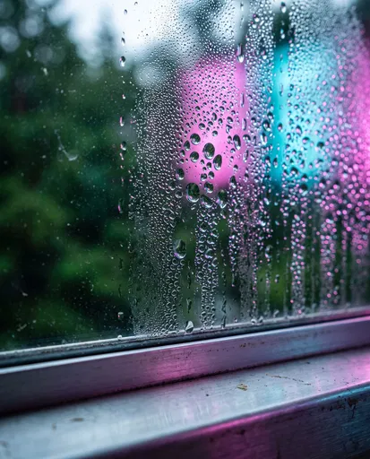 Water Droplets on Neon Lit Window