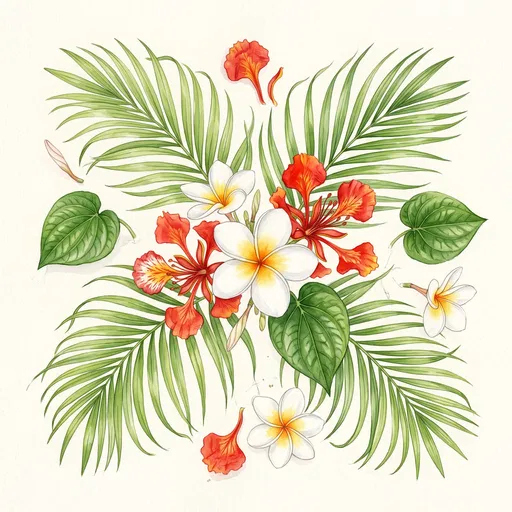 Tropical Plumeria and Flame Tree Watercolor