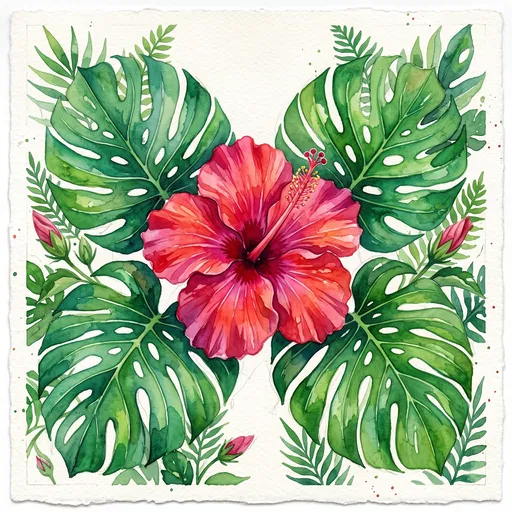 Watercolor Red Hibiscus and Monstera Leaves