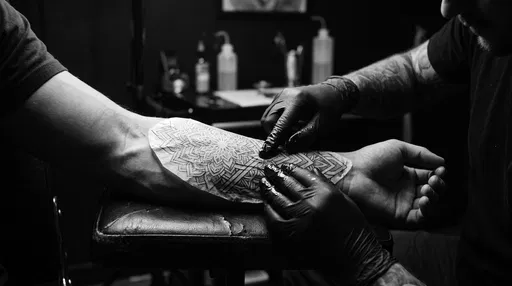 Tattoo Artist Applying Geometric Forearm Stencil