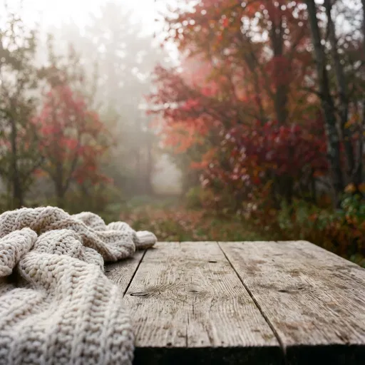 Rustic Wood Table in Misty Autumn Woods