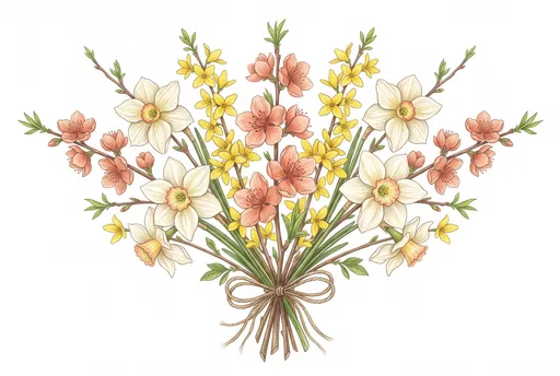 Symmetrical Spring Bouquet Botanical Illustration