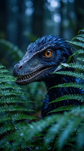 Feathered Dinosaur Peering Through Wet Ferns