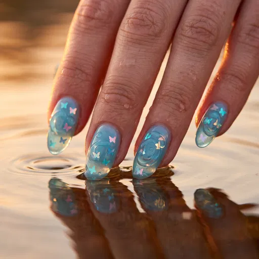 Aqua Butterfly Nail Art Touching Water