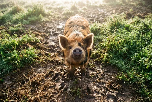 Kunekune Piglet in Muddy Morning Pasture