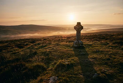 Ancient Stone Cross on Misty Hillside