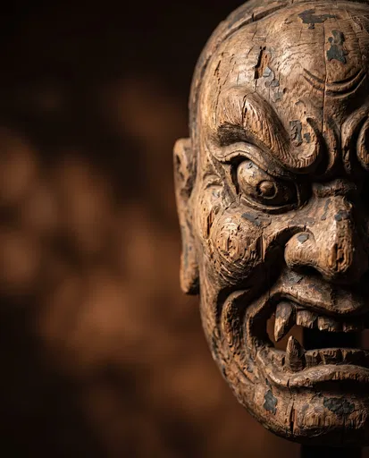 Ancient Carved Wooden Mask Close-Up