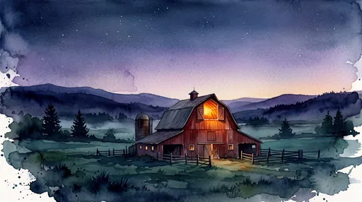 Watercolor Red Barn at Twilight