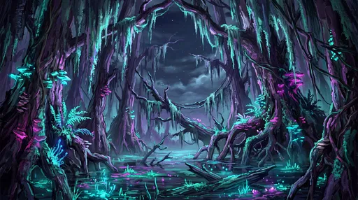 Enchanted Bioluminescent Swamp Canopy at Night