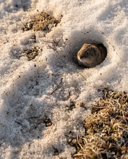 Brown Lemming Emerging From Snow Burrow