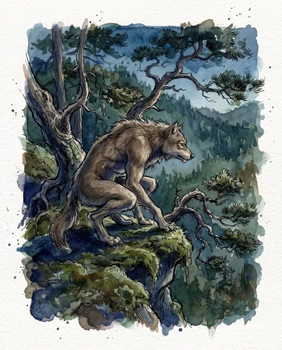 Watercolor Werewolf Crouching on Forest Cliff