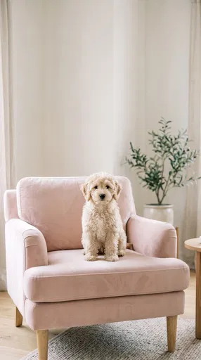 Cream Labradoodle Puppy on Pink Armchair
