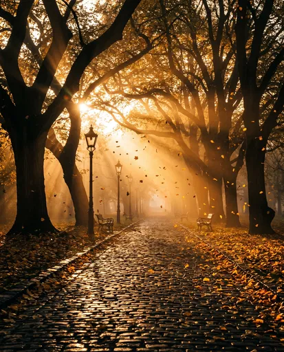 Golden Autumn Park Cobblestone Pathway