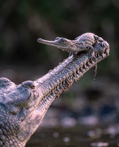 Baby Gharial Perched on Mother's Snout