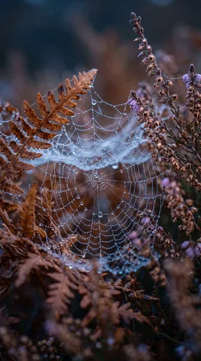 Dewy Spiderweb on Autumn Fern and Heather