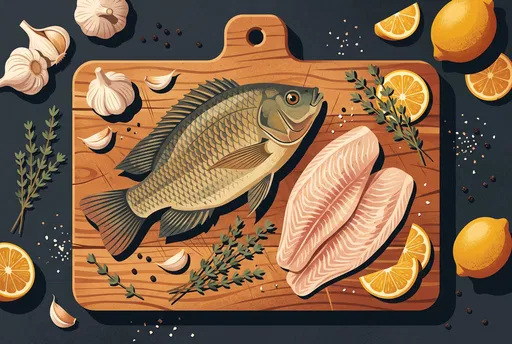 Tilapia and Fillets on Cutting Board Illustration