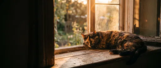 Tortoiseshell Cat Sleeping on Sunlit Windowsill