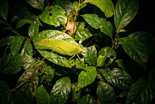 Green Leaf Katydid on Rainforest Foliage