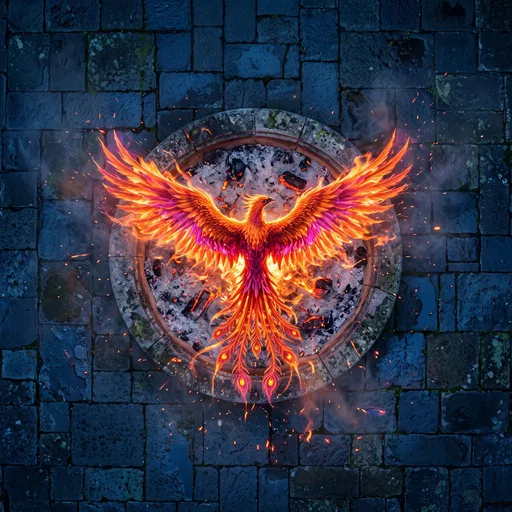 Top-Down Fiery Phoenix Over Stone Basin