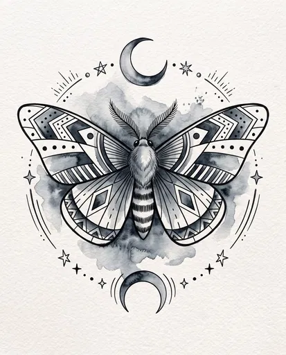 Monochrome Watercolor Moth and Moon Illustration