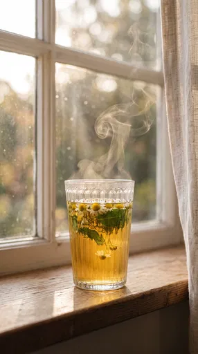 Steaming Chamomile Mint Tea on Windowsill