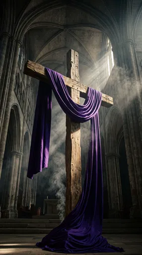 Wooden Cross Draped in Purple Fabric
