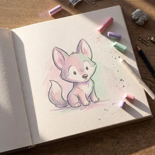Cute Pastel Wolf Sketch in Notebook