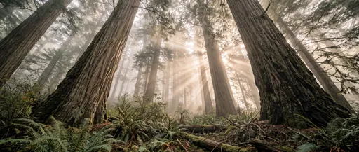 Sunbeams Through Misty Redwood Forest Canopy
