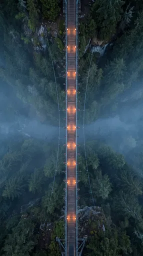 Aerial View of Lit Forest Suspension Bridge