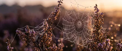 Dewy Spiderweb on Heather at Sunrise