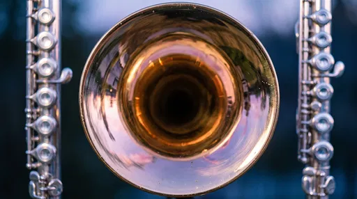 Brass Horn Bell Flanked by Silver Flutes