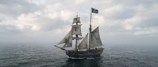 Weathered Pirate Ship Sailing on Misty Sea