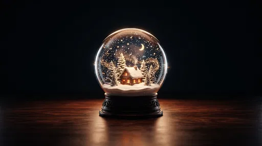 Glowing Winter Cottage Snow Globe at Night