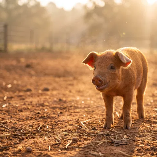 Backlit Duroc Piglet in Morning Sun