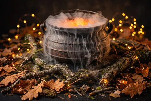 Glowing Cauldron With Smoke And Autumn Leaves