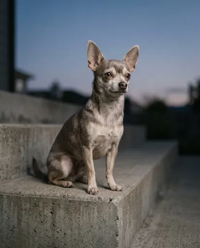 Chihuahua Sitting on Concrete Step at Dusk