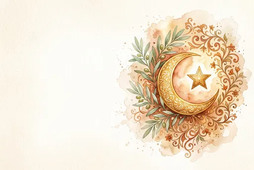Watercolor Golden Crescent Moon and Olive Branches