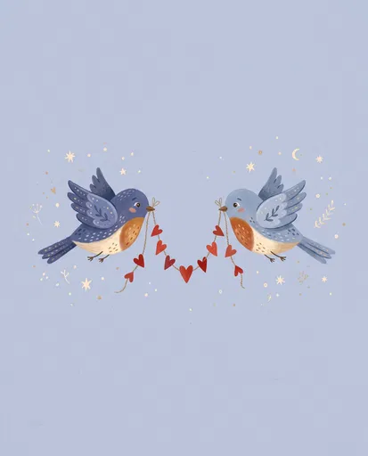 Two Bluebirds Holding Red Heart Garland