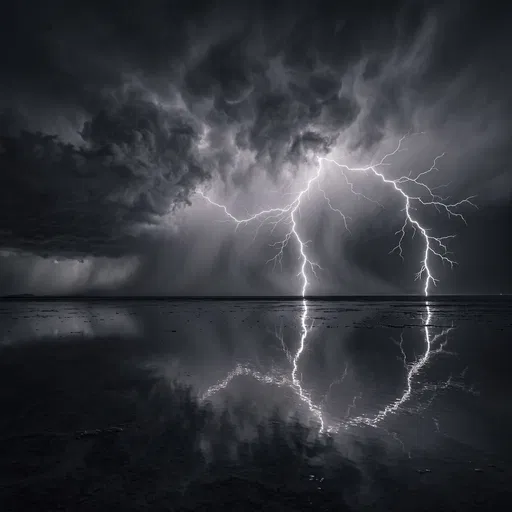 Monochrome Lightning Storm Over Flooded Salt Flats