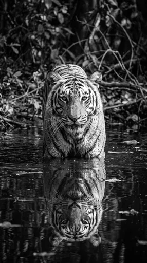 Monochrome Tiger Standing in Water