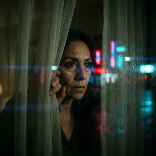 Woman Peering Through Rainy Window at Night