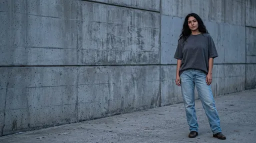 Young Woman Against Brutalist Concrete Wall