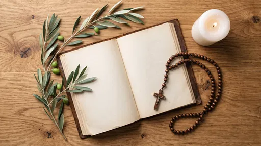 Open Book With Rosary and Olive Branch