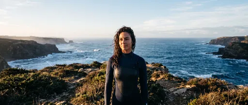 Female Surfer on Coastal Cliff at Sunset
