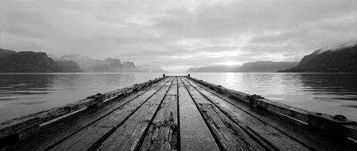 Monochrome Wooden Jetty in Calm Fjord