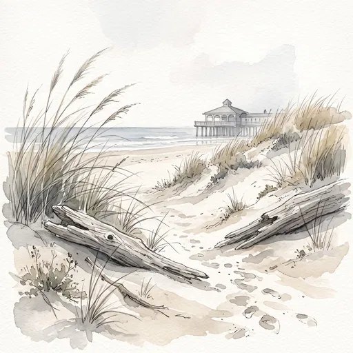 Watercolor Illustration of Coastal Dunes and Pier