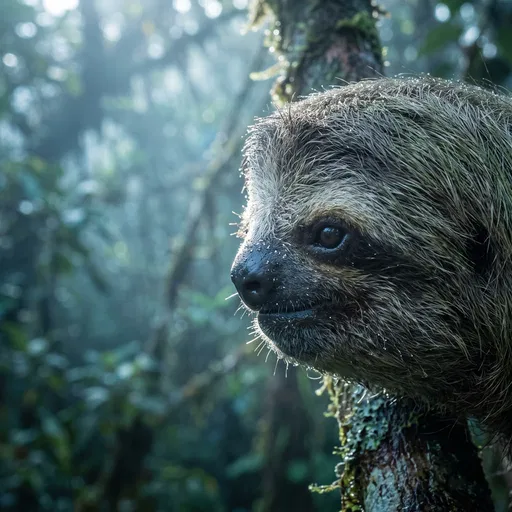 Close-Up Profile of Sloth in Misty Forest